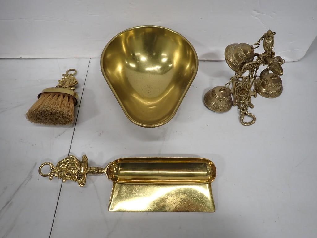 Brass Lot including Silent Butler and brush, Door Chime, Teardrop shape weighing pan (1 of 12)