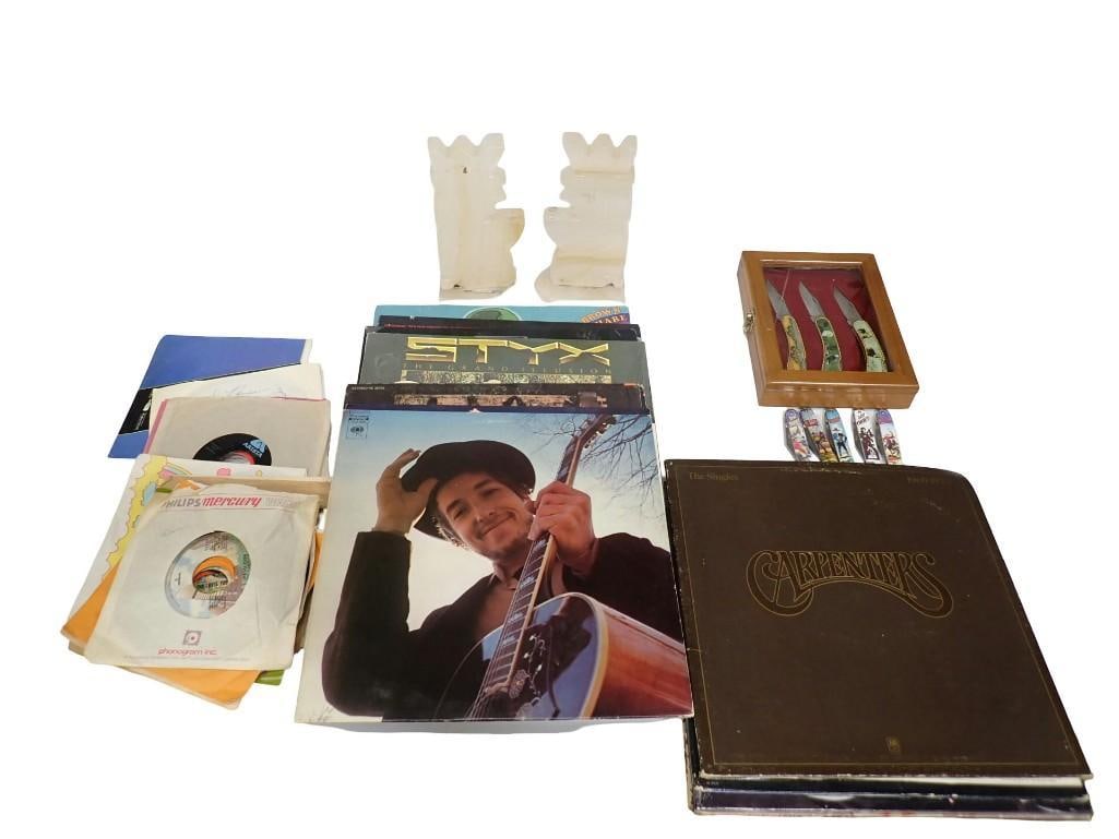 Vinyl Record Albums and 45 RPM including Bob Dylan, Carpenters, Supremes, etc. plus Stone Bookends (1 of 20)
