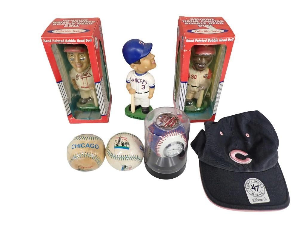 Sports Lot including Bobble Heads, Chicago Baseballs, Hat, Baseball Clock: Sports Lot including Bobble Heads, Chicago Baseballs, Hat, Baseball Clock All pictures are considered part of the description and should be examined carefully by bidders. Live Auctioneers is now offer