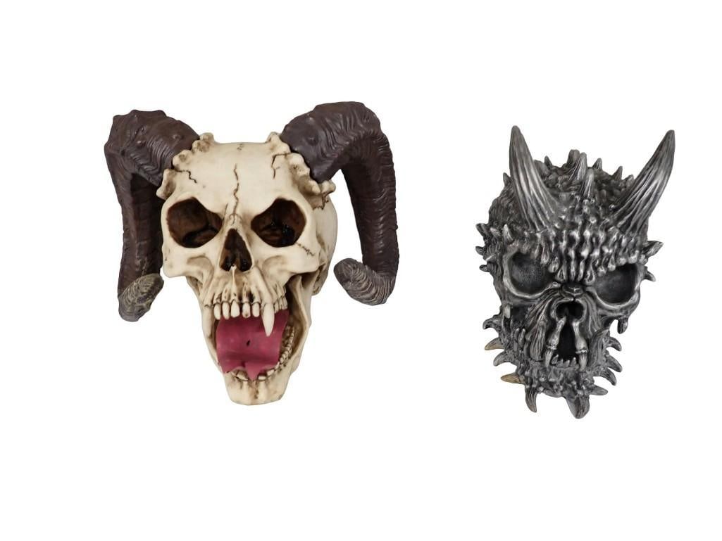 Resin Ebros Large Bizarre Demonic Krampus Ram Horned Skull, and metallic gray, spiked demon skull (1 of 12)