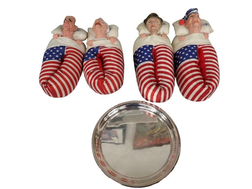 Vintage 1980's Spitting Image Ronald and Reagan Slippers and George and Barbara Bush Slippers: Vintage 1980's Spitting Image Ronald and Reagan Slippers and George and Barbara Bush Slippers, plus a metal serving tray All pictures are considered part of the description and should be examined 
