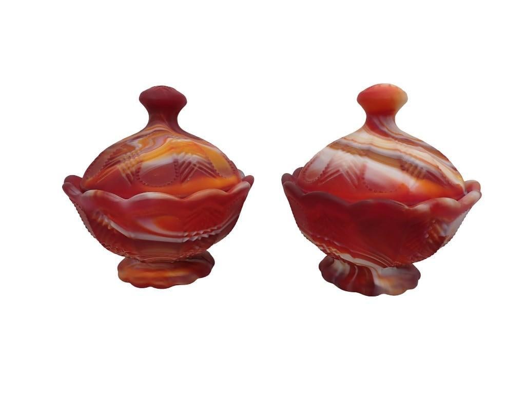 2 Imperial Glass Red and White Slag Covered Candy Dishes: 2 Imperial Glass Red and White Slag Covered Candy Dishes All pictures are considered part of the description and should be examined carefully by bidders. Live Auctioneers is now offering Live Shipping