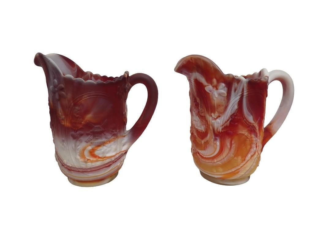 2 Imperial Glass Satin Slag Glass Windmill Pitchers Red and White: 2 Imperial Glass Satin Slag Glass Windmill Pitchers Red and White All pictures are considered part of the description and should be examined carefully by bidders. Live Auctioneers is now offering Live