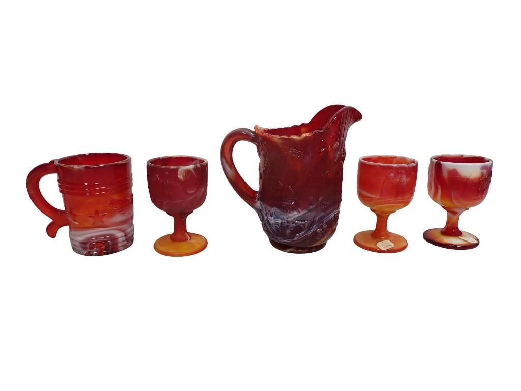 Imperial Glass Red and White Slag Glass incl Windmill Pitcher End of Day Ruby, 4 American Eagle Type: Imperial Glass Red and White Slag Glass incl Windmill Pitcher End of Day Ruby, 4 American Eagle Type Goblets All pictures are considered part of the description and should be examined carefully by bid