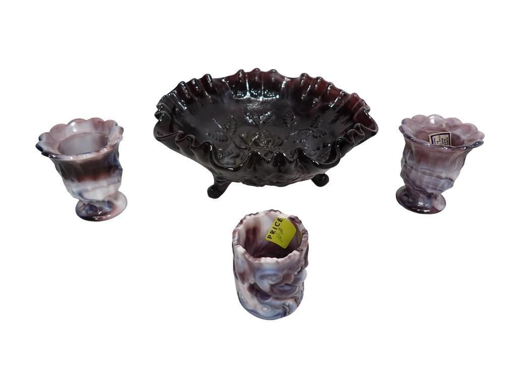Dark Amethyst Open Rose Footed Bowl with 3 Toothpick Holders Purple and White Slag Glass (1 of 19)