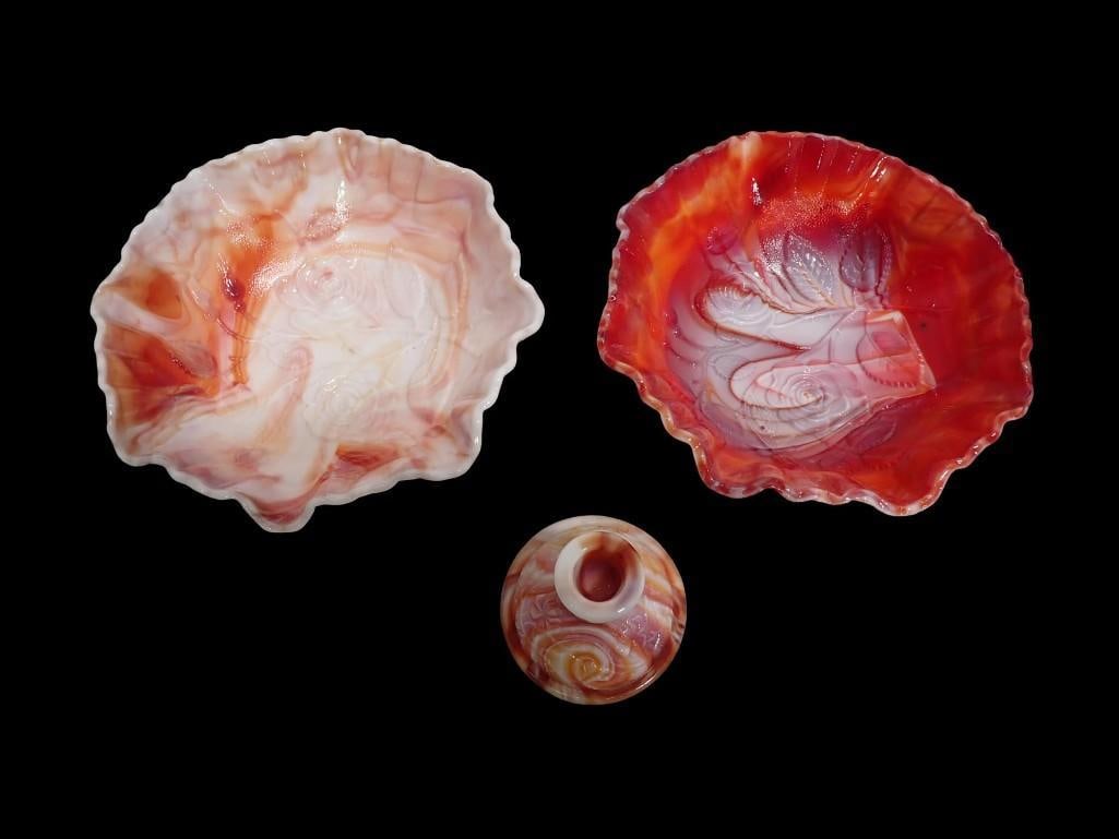 Imperial Glass 2 Open Rose Red and White Slag Glass Bowls and 1 Candlestick Holder: Imperial Glass 2 Open Rose Red and White Slag Glass Bowls and 1 Olden End of Day Glass by Imperial Candlestick Holder All pictures are considered part of the description and should be examined careful