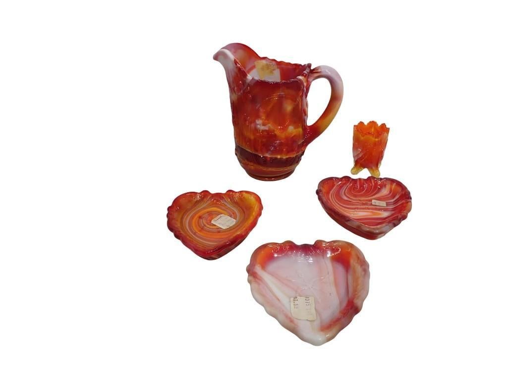 Imperial Glass Windmill Pitcher Orange, Red, and White Slag Glass and a Toothpick Holder and 3 Heart: Imperial Glass Windmill Pitcher Orange, Red, and White Slag Glass and a Toothpick Holder and 3 Heart Ashtrays All pictures are considered part of the description and should be examined carefully by bi