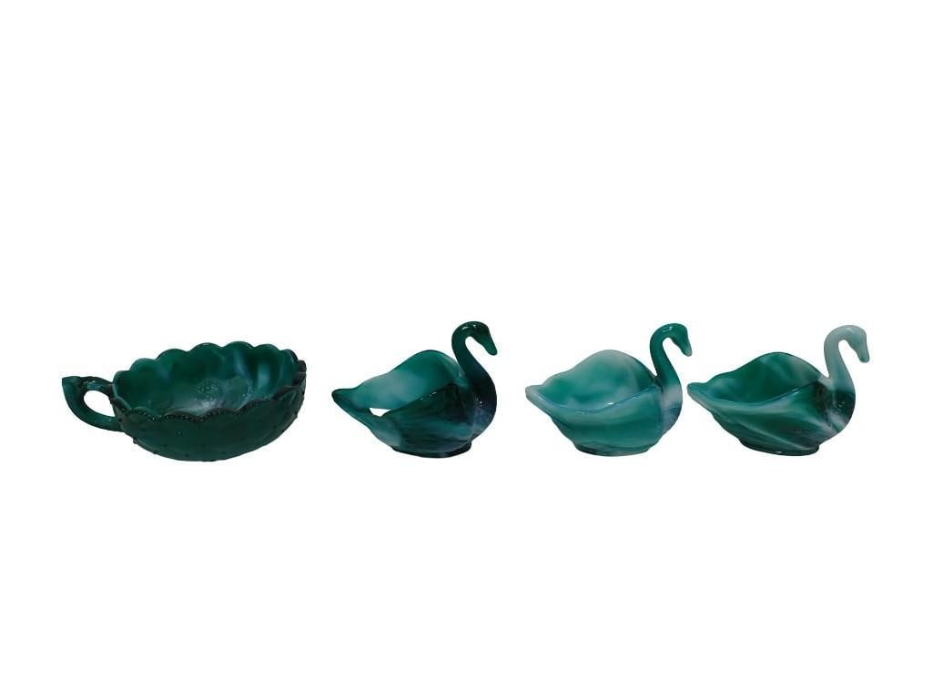 4 pc Imperial Glass incl 1 Nappy Dish with Quilted Exterior, 3 Open Master Swan Salt Dishes Teal / G (1 of 19)