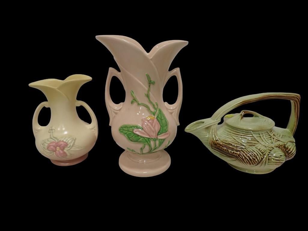 2 Hull Floral Vases and a McCoy Teapot: 2 Hull Floral Vases and a McCoy Teapot All pictures are considered part of the description and should be examined carefully by bidders. Live Auctioneers is now offering Live Shipping through them. Thi