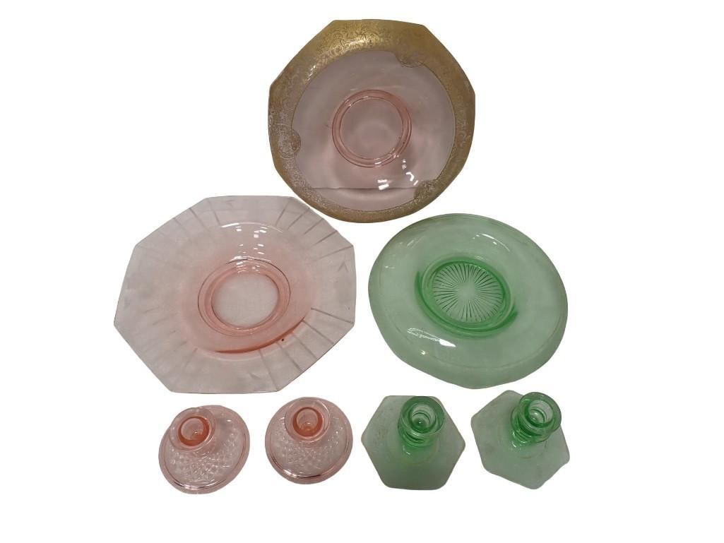 7 pc incl 3 Console Bowls incl 2 Pink and 1 Green and 2 Set of Candleholders incl 1 Green and Pink (1 of 17)