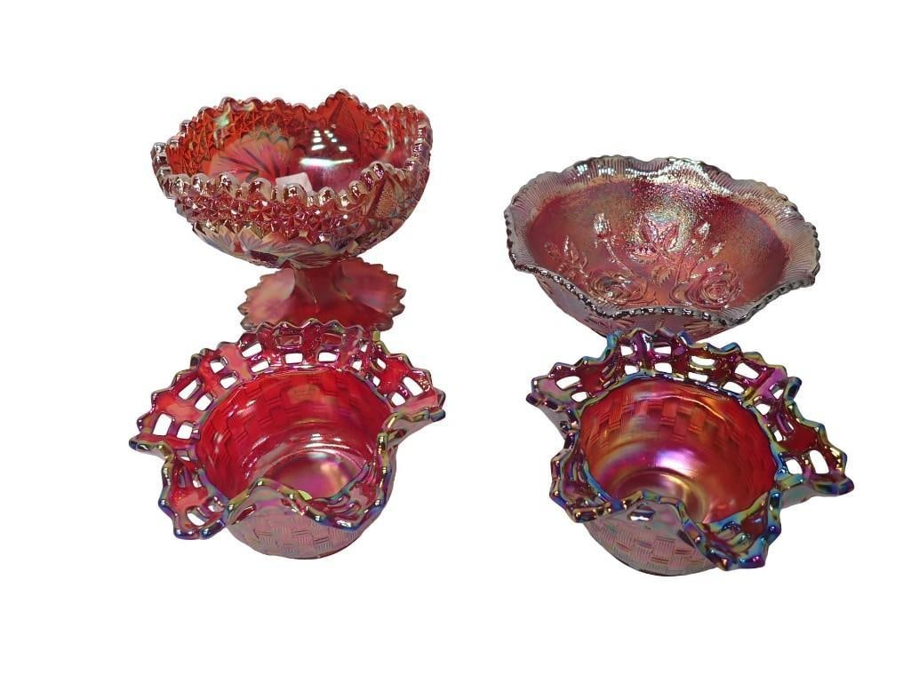 Imperial Glass Open Rose Carnival Glass Bowl, 3 Fenton Carval Glass incl Pinwheel Compote 2 Basket W (1 of 14)