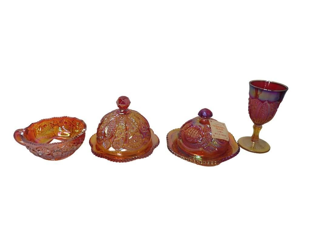 6 pc Carnival Glass incl LE Smith Aztec Sunburst Covered Dish, LE Smith Quintec Nappy Bowl, (1 of 20)