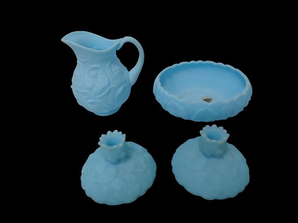 4 pc Fenton Satin Blue Water Lily incl Pitcher, Bowl, 2 Candlestick Holders: 4 pc Fenton Satin Blue Water Lily incl Pitcher, Bowl, 2 Candlestick Holders All pictures are considered part of the description and should be examined carefully by bidders. Live Auctioneers is now off