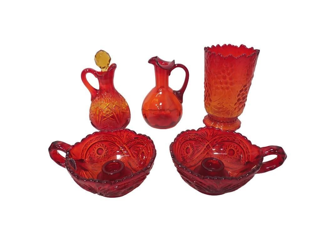 Amberina Glass incl 2 Cruets, 2 Imperial Candlestick Holders, Imperial Footed Vase: Amberina Glass incl 2 Cruets, 2 Imperial Candlestick Holders, Imperial Footed Vase All pictures are considered part of the description and should be examined carefully by bidders. Live Auctioneers is 