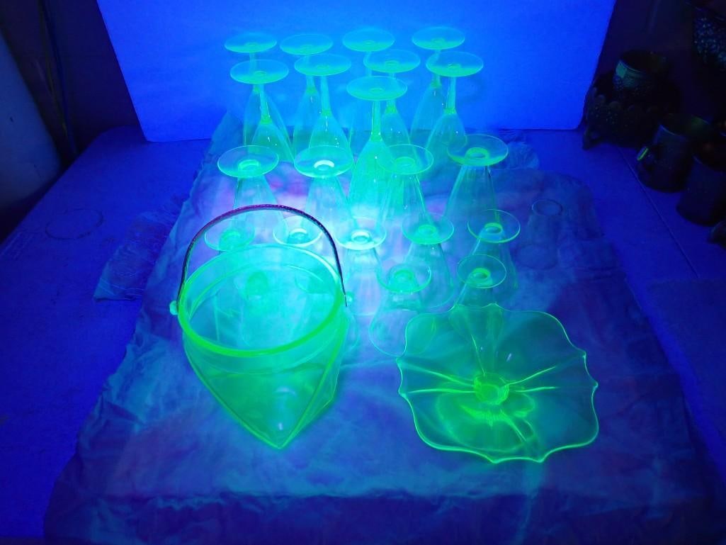 Large Lot of Uranium Glass incl 9 Stemware Glasses, 13 Footed Glasses, Pedestal Bon Bon Dish, (1 of 20)