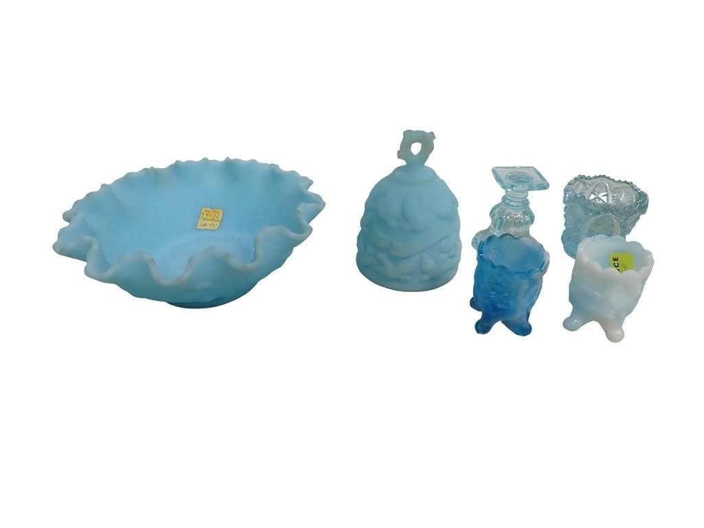 Blue Satin Glass Fenton Ruffled Bowl and Bell plus some Mixed Iridescent Blue and Slag Glass Toothpi (1 of 13)