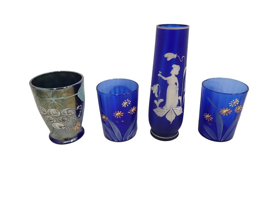 Antique Victorian Mary Gregory Painted Vase, 3 Hand Painted Cobalt Blue Glass Glasses: Antique Victorian Mary Gregory Painted Vase, 3 Hand Painted Cobalt Blue Glass Glasses All pictures are considered part of the description and should be examined carefully by bidders. Live Auctioneers 