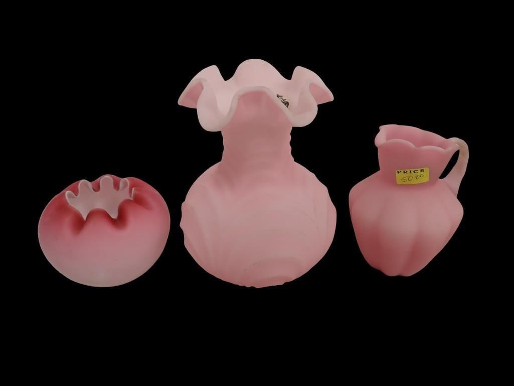 Fenton Pink Satin Glass Vase and Pitcher Plus Unmarked Pink and White Cased Glass Rose Bowl: Fenton Pink Satin Glass Vase and Pitcher Plus a Vintage Unmarked Pink and White Cased Glass Rose Bowl All pictures are considered part of the description and should be examined carefully by bidders. L