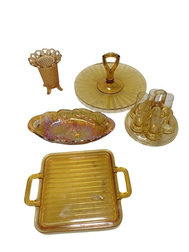 Amber Glass incl Tidbit Tray, Vase, 2 Relish Trays, Shot Glass Set with Holder - Missing 1 Glass: Amber Glass incl Tidbit Tray, Vase, 2 Relish Trays, Shot Glass Set with Holder - Missing 1 Glass All pictures are considered part of the description and should be examined carefully by bidders. Live A
