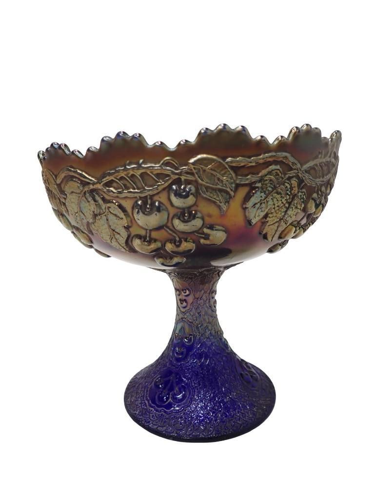 Vintage Fenton Cobalt Carnival Glass Pedestal Compote in the Mikado Pattern (1 of 8)