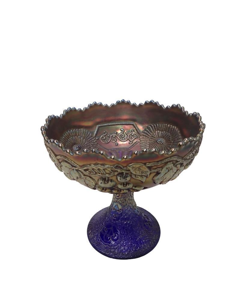 Vintage Fenton Cobalt Carnival Glass Pedestal Compote in the Mikado Pattern - 3