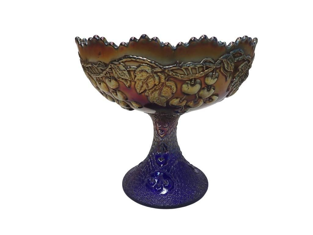 Vintage Fenton Cobalt Carnival Glass Pedestal Compote in the Mikado Pattern - 5
