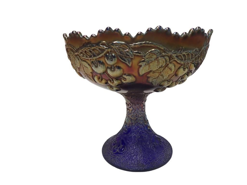 Vintage Fenton Cobalt Carnival Glass Pedestal Compote in the Mikado Pattern - 6