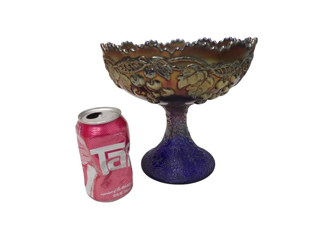 Vintage Fenton Cobalt Carnival Glass Pedestal Compote in the Mikado Pattern - 7