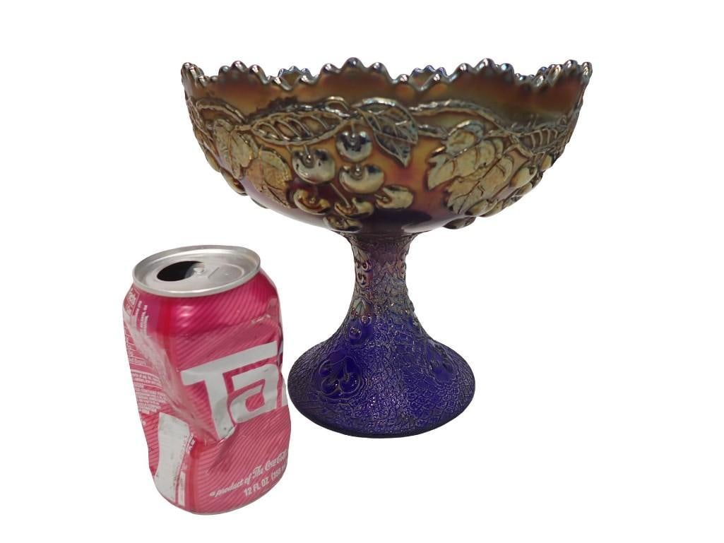 Vintage Fenton Cobalt Carnival Glass Pedestal Compote in the Mikado Pattern - 8
