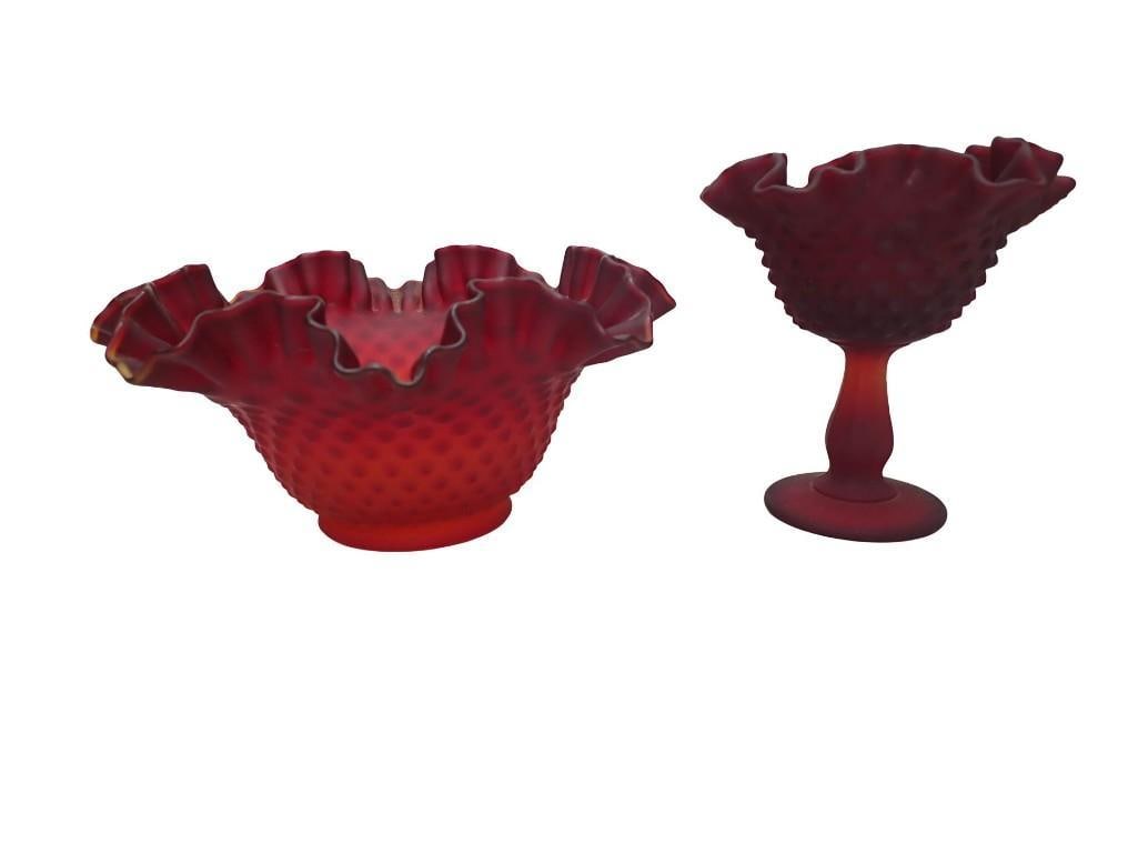2 Pc Fenton Ruby Red Hobnail Compote and Amberina Red Hobnail Ruffled Bowl with Original Stickers (1 of 11)