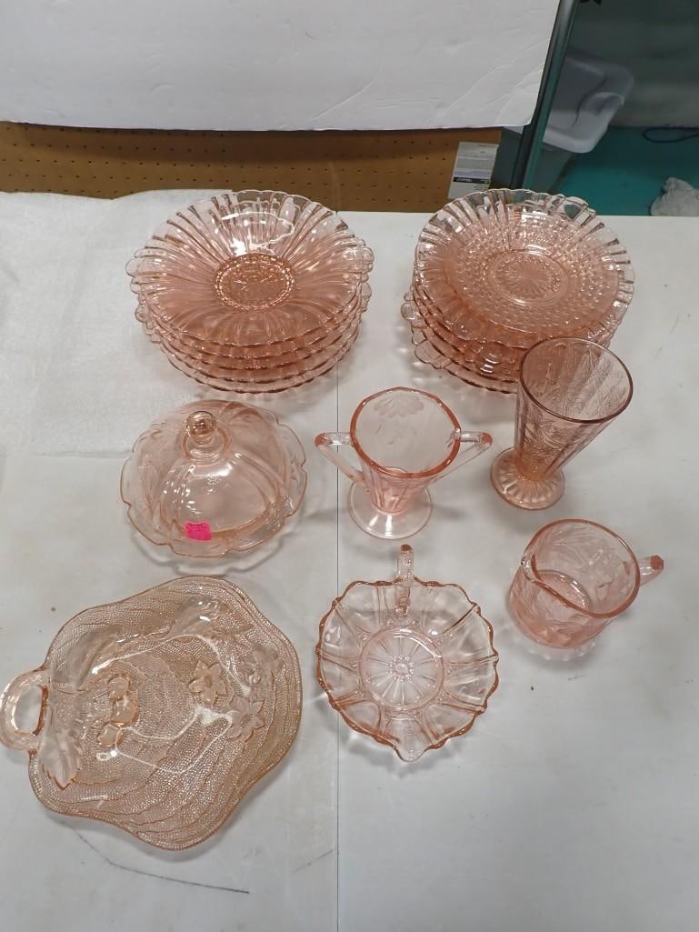 Large Lot of Pink Depression Glass Asst Pieces and Styles: Large Lot of Pink Depression Glass Asst Pieces and Styles. 18 pieces total All pictures are considered part of the description and should be examined carefully by bidders. Live Auctioneers is