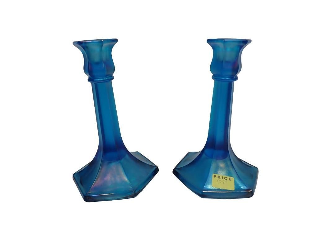 Antique Fenton Celeste Blue Candlesticks with Hexagon Base (1 of 7)