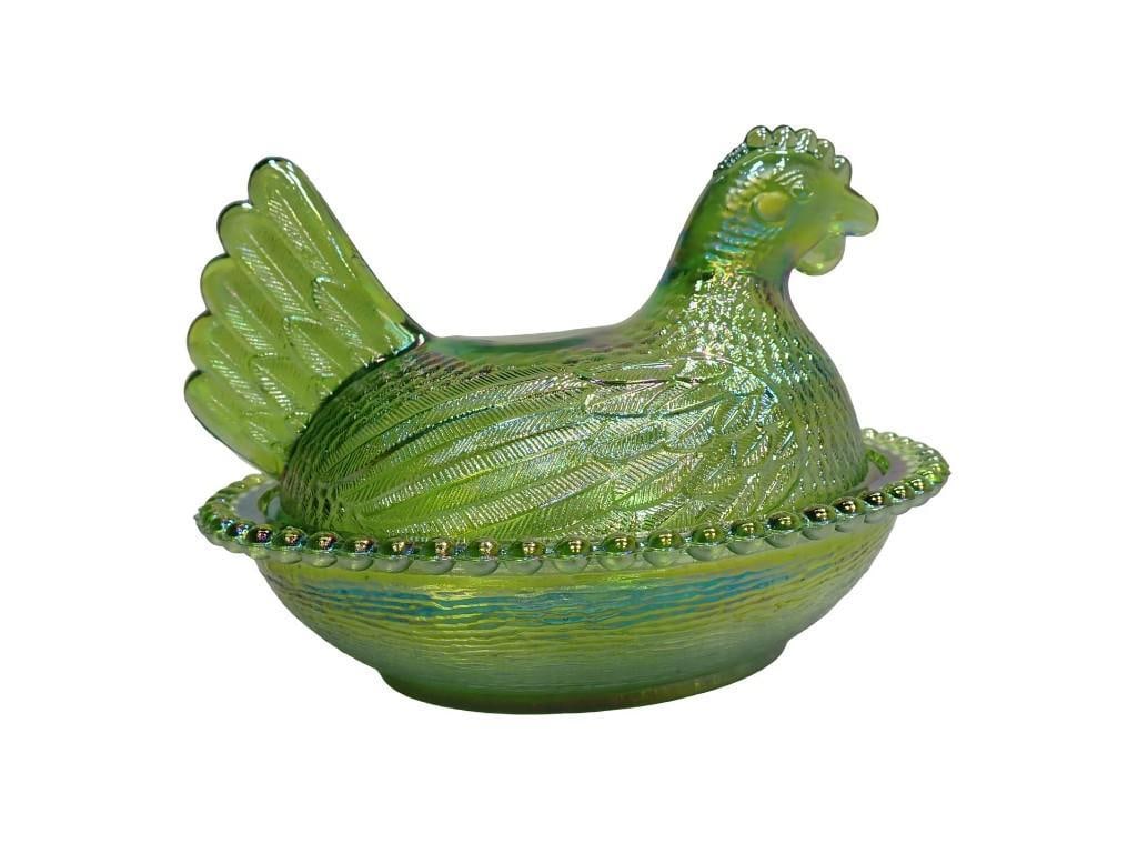 Indiana Glass Iridescent Carnival Green Hen on Nest with Beaded Rim (1 of 10)