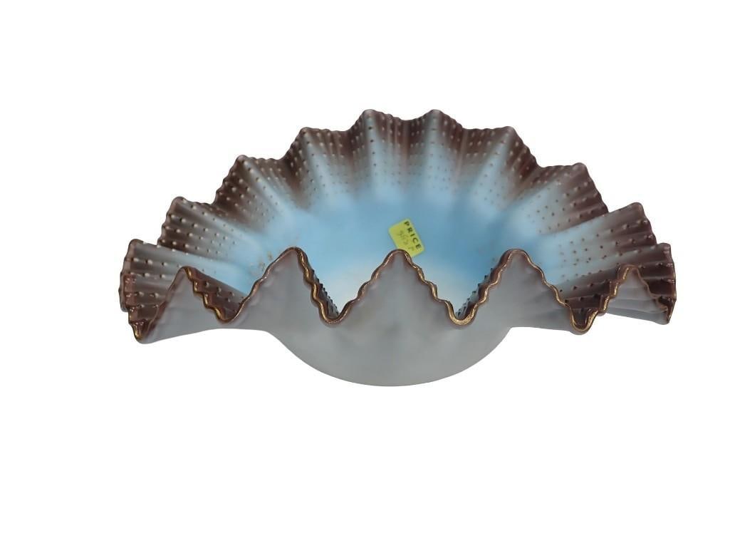 Antique Hand Painted Glass Bowl with Ruffled Small Hobnail Edges Blue and Brown: Antique Hand Painted Glass Bowl with Ruffled Small Hobnail Edges Blue and Brown All pictures are considered part of the description and should be examined carefully by bidders. Live Auctioneers is now