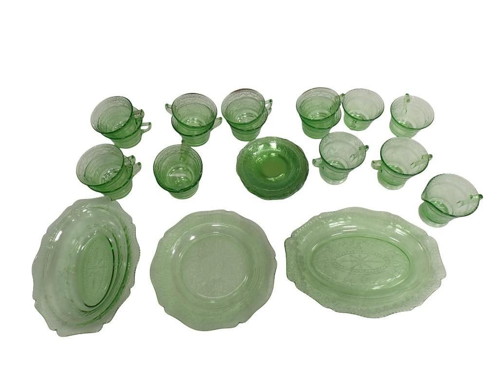 27 pc Federal Glass Uranium Patrician Pattern: 27 pc Federal Glass Uranium Patrician Pattern All pictures are considered part of the description and should be examined carefully by bidders. Live Auctioneers is now offering Live Shipping through th