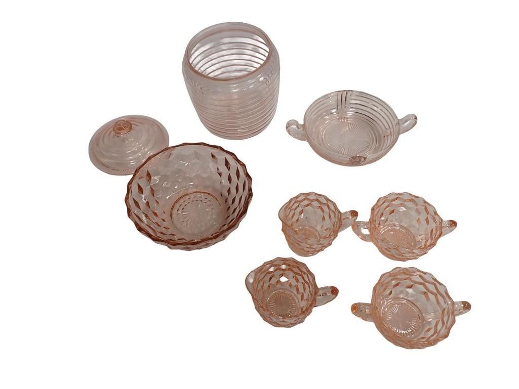 8 pc Asst Pink Depression Glass incl Anchor Hocking Manhattan Biscuit Jar and Nappy Dish, Jeanette C (1 of 14)