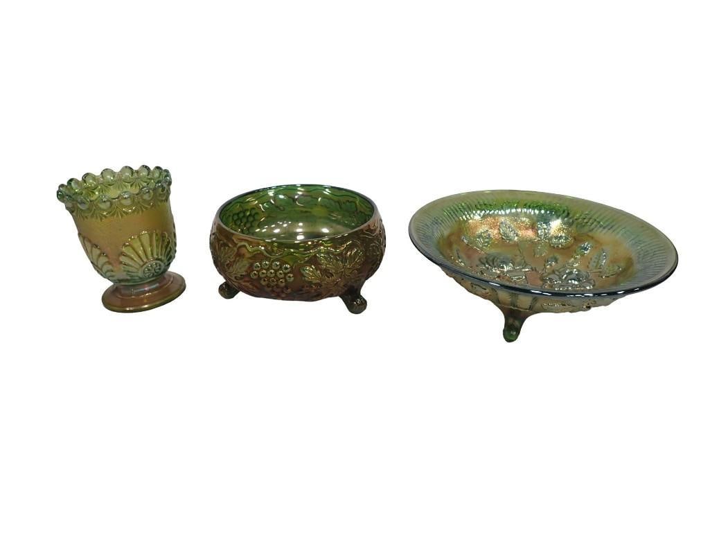 3 pc Carnival Glass incl Imperial Open Rose Bowl, Westmoreland Footed Vase, Fenton Grape and Vine: 3 pc Carnival Glass incl Imperial Open Rose Bowl, Westmoreland Footed Vase, Fenton Grape and Vine All pictures are considered part of the description and should be examined carefully by bidders. Live 
