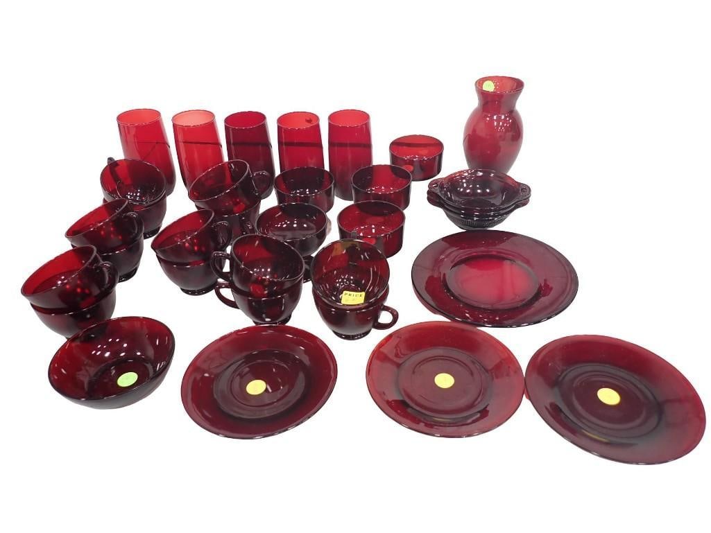 33 pc Ruby Red Glass incl Custard Glasses, Drinking Glasses, Coffee Cups, Vase, Etc: 33 pc Ruby Red Glass incl Custard Glasses, Drinking Glasses, Coffee Cups, Vase, Etc All pictures are considered part of the description and should be examined carefully by bidders. Live Auctioneers is