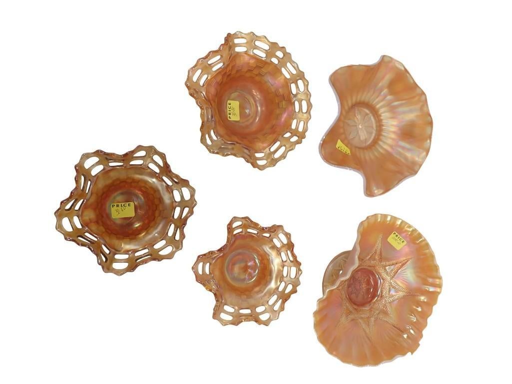 5 pc Carnival Glass incl 3 Fenton Peach Iridescent Basket Weave Candy Dishes, 2 Dugan Bowls: 5 pc Carnival Glass incl 3 Fenton Peach Iridescent Basket Weave Candy Dishes, 2 Dugan Bowls All pictures are considered part of the description and should be examined carefully by bidders. Live Auctio