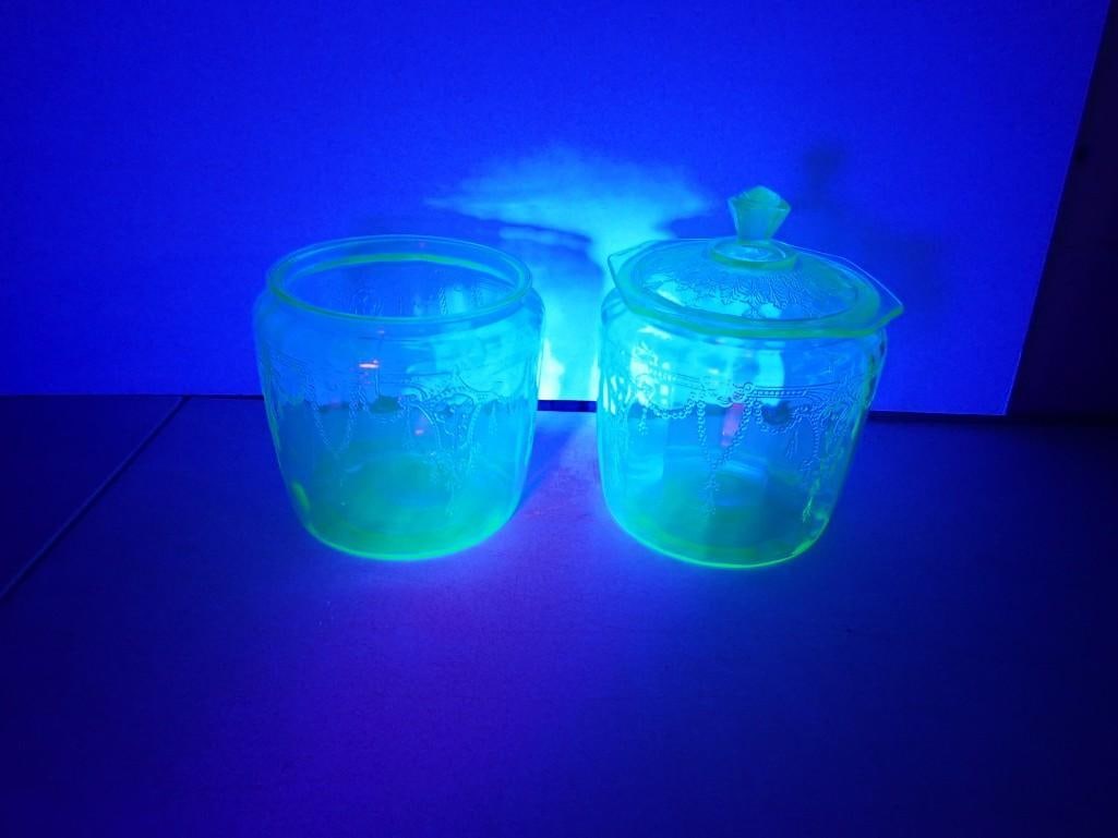 2 Uranium Glass Biscuit Jars - Only 1 Lid Princess Pattern: 2 Uranium Glass Biscuit Jars - Only 1 Lid Princess Pattern All pictures are considered part of the description and should be examined carefully by bidders. Live Auctioneers is now offering Live Shippi