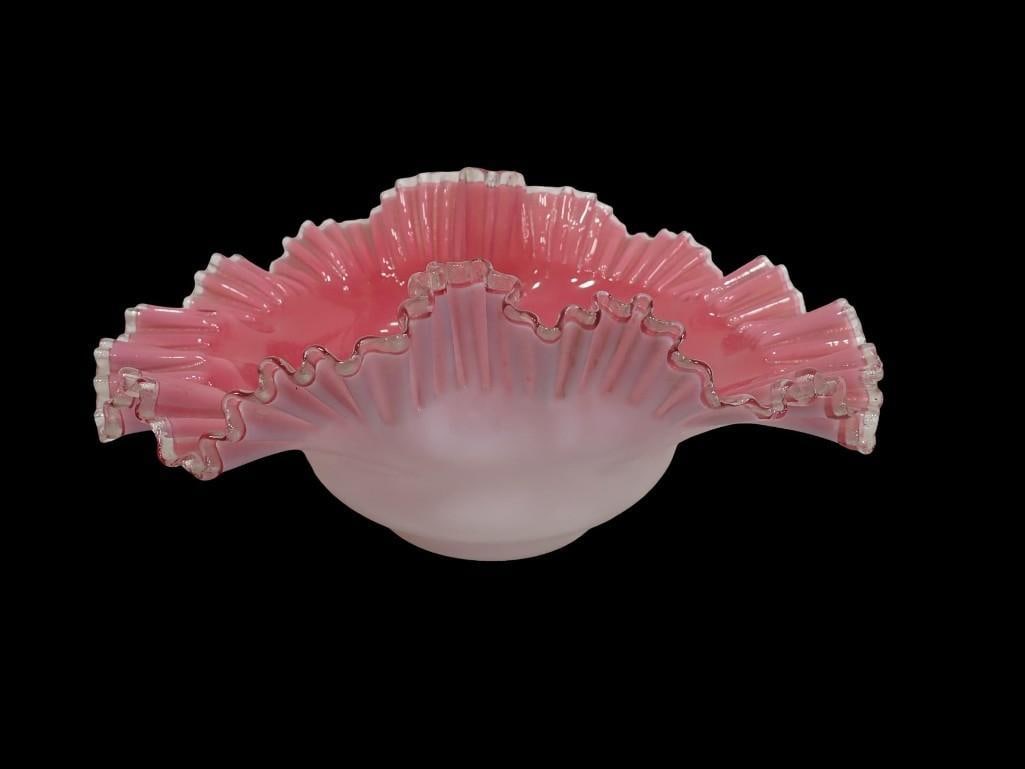 Vintage Fenton Pink Cased Art Glass Bride's Bowl with Heavy Ruffle and Silver Crest Rim: Vintage Fenton Pink Cased Art Glass Bride's Bowl with Heavy Ruffle and Silver Crest Rim All pictures are considered part of the description and should be examined carefully by bidders. Live Auctio