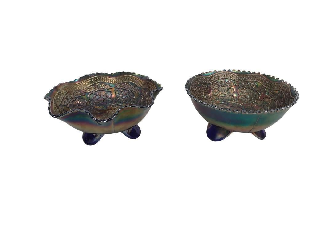 2 pc Cobalt Blue Carnival Glass Two Flowers Carnival Glass Bowls incl 1 Ruffled: 2 pc Cobalt Blue Carnival Glass Two Flowers Carnival Glass Bowls incl 1 Ruffled All pictures are considered part of the description and should be examined carefully by bidders. Live Auctioneers is now