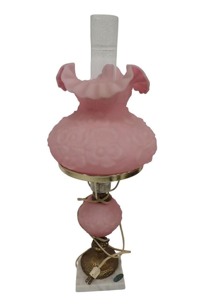 Vintage Fenton Poppy Lamp Satin Pink Glass Ruffled Shade, Marble Base (1 of 11)