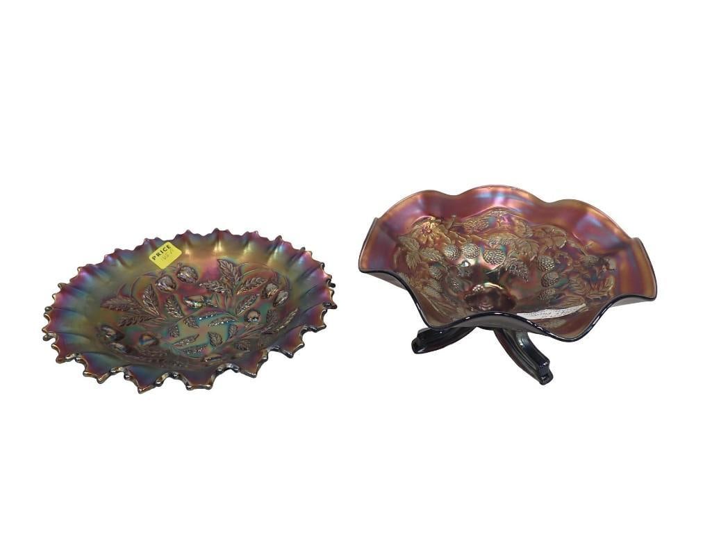 2 pc Antique Northwood Carnival Glass incl Stippled Strawberry Bowl, etc: 2 pc Antique Northwood Carnival Glass incl Stippled Strawberry Bowl, etc All pictures are considered part of the description and should be examined carefully by bidders. Live Auctioneers is now offeri