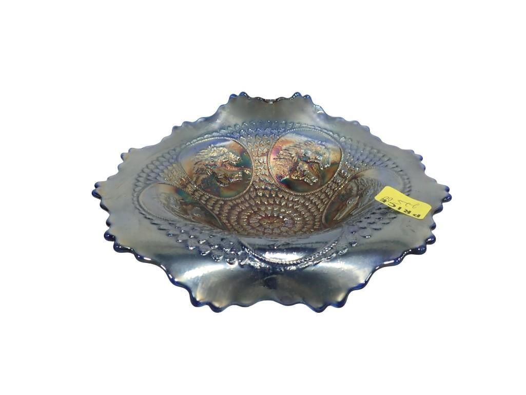 Antique Fenton Horse Head Medallion Blue Carnival Glass Carnival Bowl 1916-1929 (1 of 9)