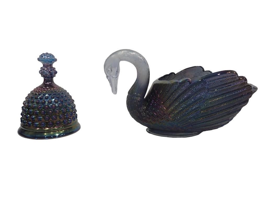 Imperial Glass Hobnail Bell and Large Swan Carnival Glass Dish: Imperial Glass Hobnail Bell and Large Carnival Glass Swan Glass Dish All pictures are considered part of the description and should be examined carefully by bidders. Live Auctioneers is now offering L