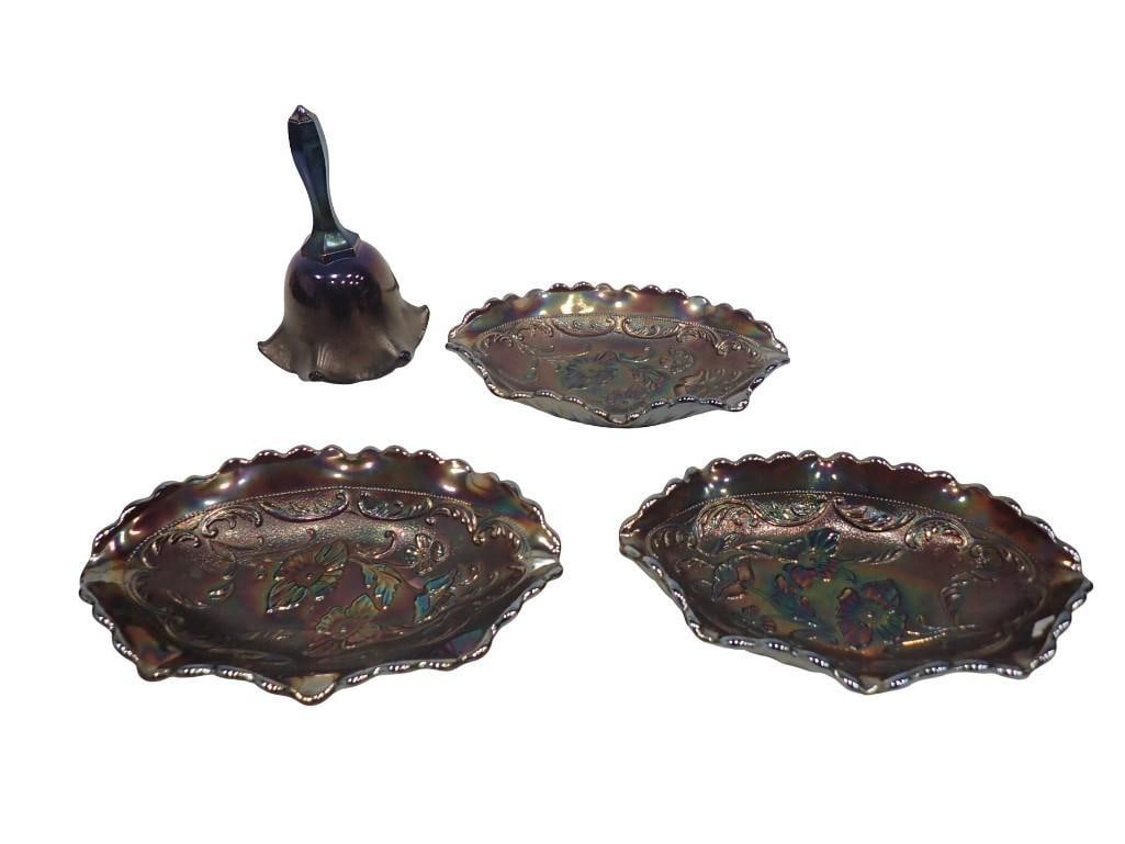 4 pc Fenton Oblong Amethyst Carnival Glass Dishes Poppy Floral with Scalloped Edge and: 4 pc Fenton Oblong Amethyst Carnival Glass Dishes Poppy Floral with Scalloped Edge and Stretch Glass Bell All pictures are considered part of the description and should be examined carefully by bidder