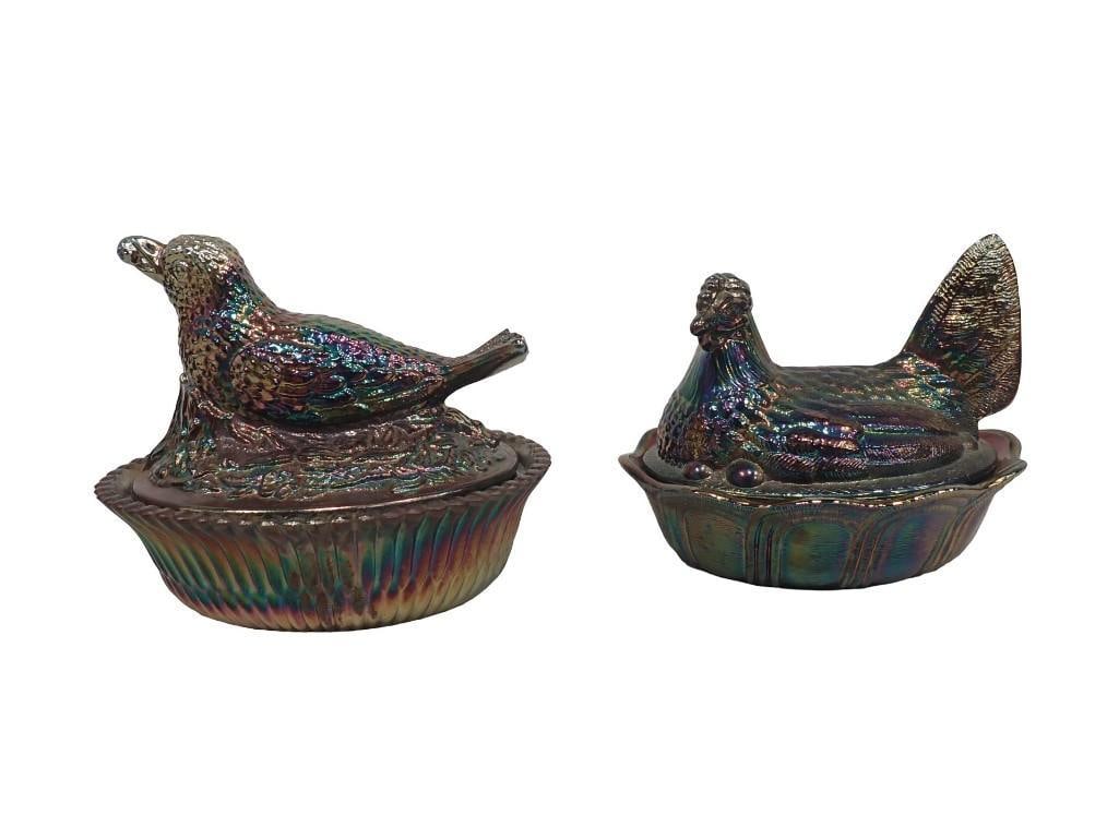 Antique Fenton Hen on Nest and St Clair Bird on Nest Amethyst Carnival Glass: Antique Fenton Hen on Nest and St Clair Bird on Nest Amethyst Carnival Glass All pictures are considered part of the description and should be examined carefully by bidders. Live Auctioneers is now of