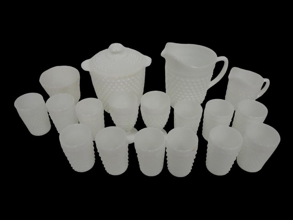 Vintage White Milk Glass Hobnail Set incl Biscuit Jar, Large Pitcher, Small Pitcher, Goblets, Glasse (1 of 18)