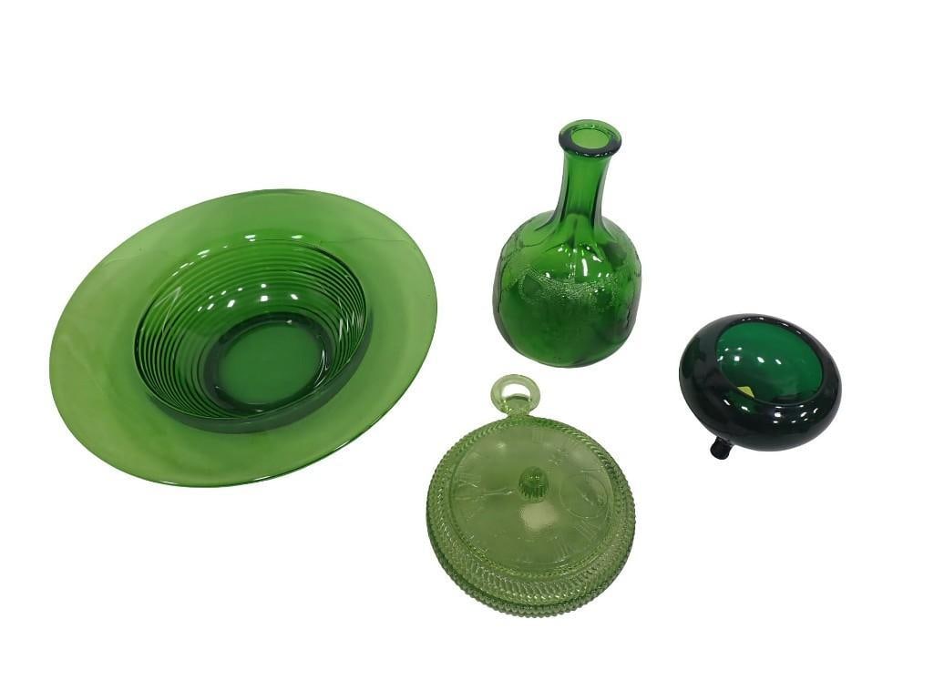 Asst Vintage Green Glass incl Large Bowl, Decanter, Rose Bowl, Imperial Glass Clock Covered Dish (1 of 15)